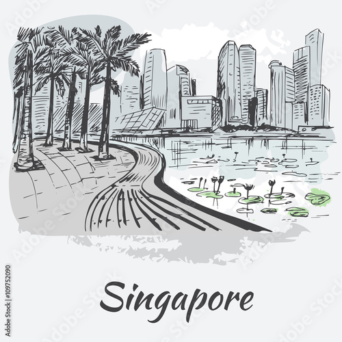 Singapore coastline with big buildings and lotus