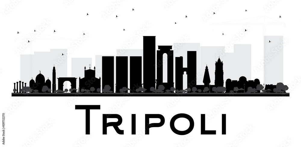 Tripoli City skyline black and white silhouette.