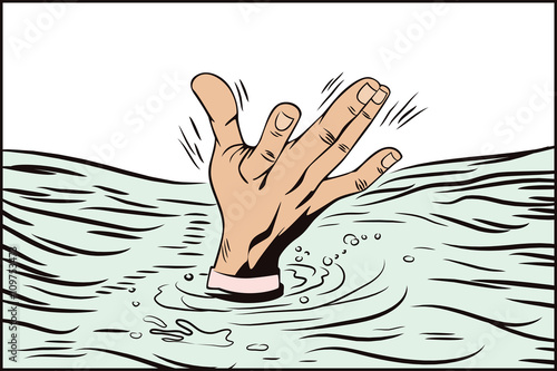 Style of pop art and old comics. Hand drowning man