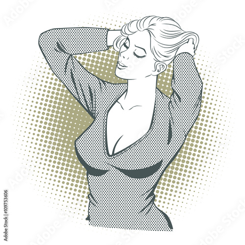 People in retro style. Girl straightens her hair.