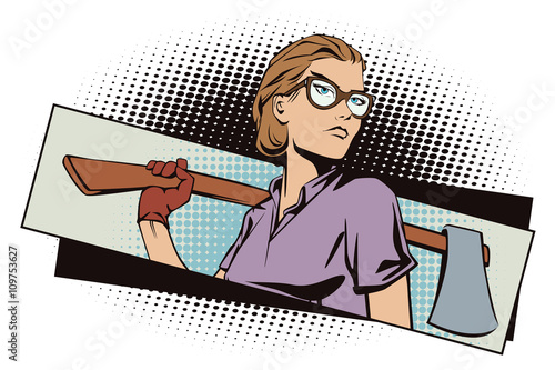 People in retro style. Girl with an ax.