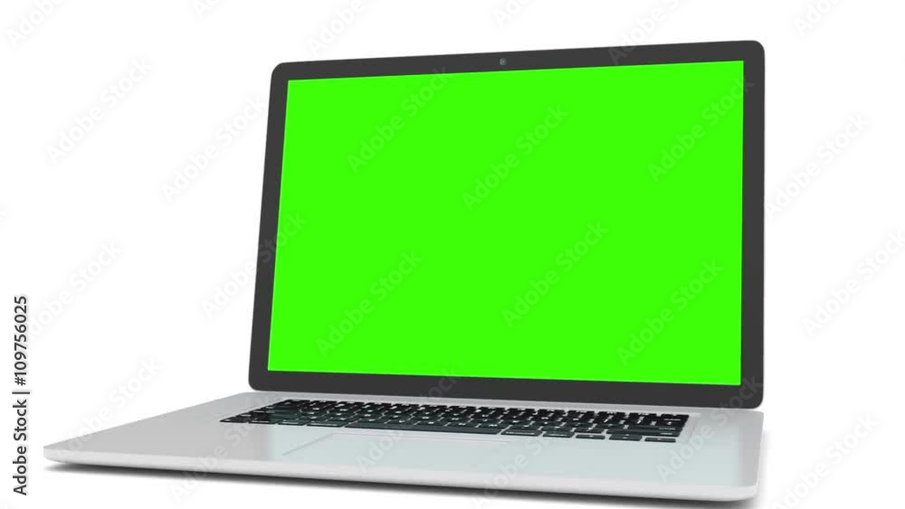 Isolated laptop with green screen on white background. Camera rotating around notebook. Template empty green screen. Isolated laptop with green screen on white background. Camera rotating around notebook. Template empty green screen.