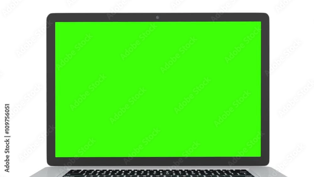 Isolated laptop with green screen on white background. Camera rotating around notebook. Template empty green screen. Isolated laptop with green screen on white background. Camera rotating around notebook. Template empty green screen.