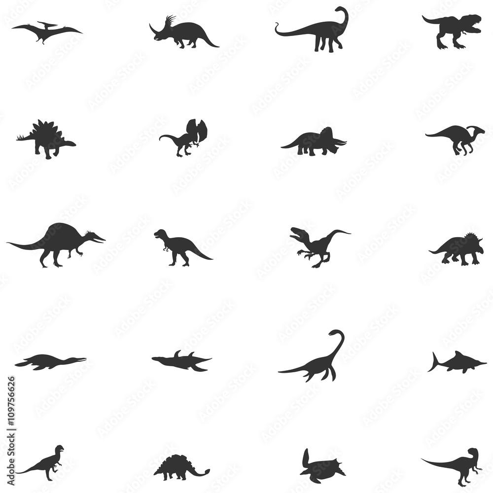 Silhouette dinosaur and prehistoric reptile animal icon collection set, create by vector Silhouette dinosaur and prehistoric reptile animal icon collection set, create by vector