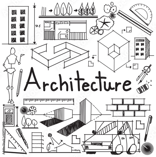 Interior design and building blueprint profession and education handwriting doodle tool sign and symbol in white isolated background paper for subject or presentation title, create by vector 