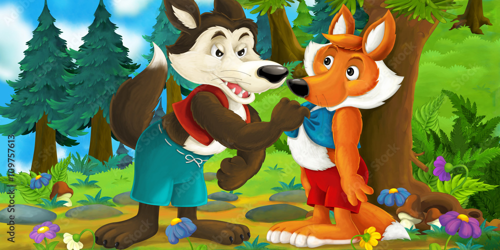 Cartoon scene of a wolf and a fox talking to each other - wolf is threatening to the fox - illustration for children Cartoon scene of a wolf and a fox talking to each other - wolf is threatening to the fox - illustration for children