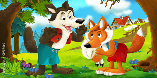 Fototapeta Naklejka Na Ścianę i Meble -  Cartoon scene of a wolf and a fox talking to each other after stealing sheep from the village - illustration for children