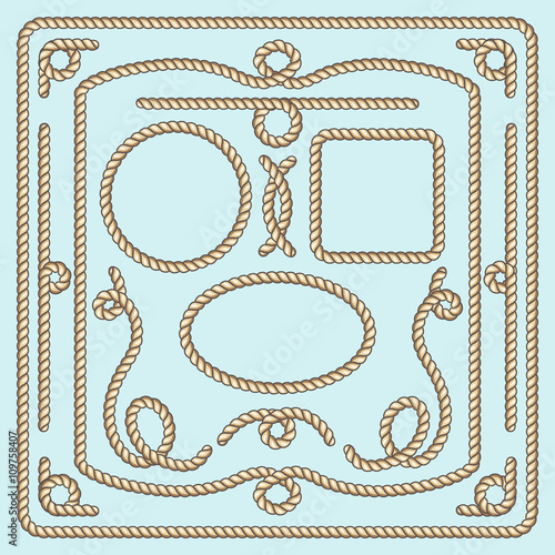 Rope frame, knots and corners. Rope nautical, rope strong, rope loop, marine rope. Vector illustration decorative elements