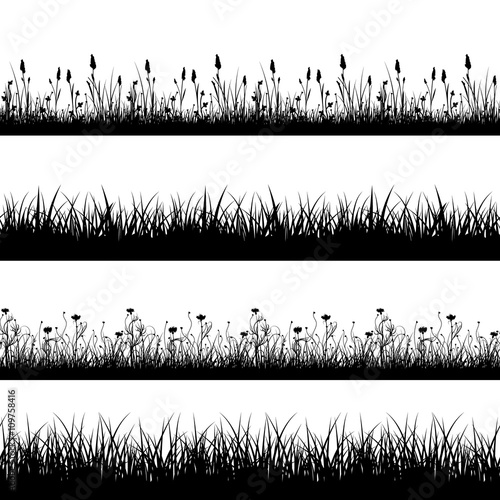 Seamless wild herbs, flowers and grass silhouettes vector set. Grass plant pattern, meadow grass and flower field, seamless flower and grass lawn, decoration line grass and flower illustration