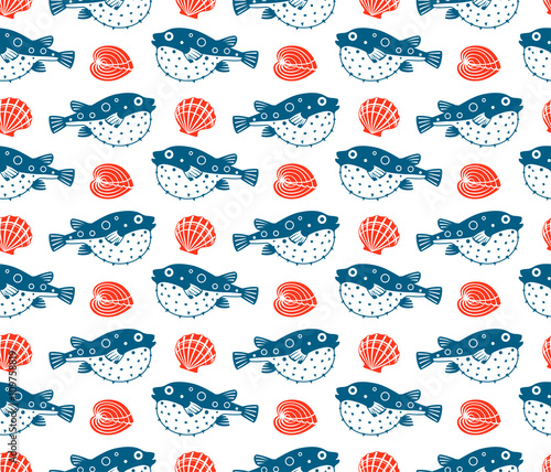 Fugu and shells,  seamless pattern