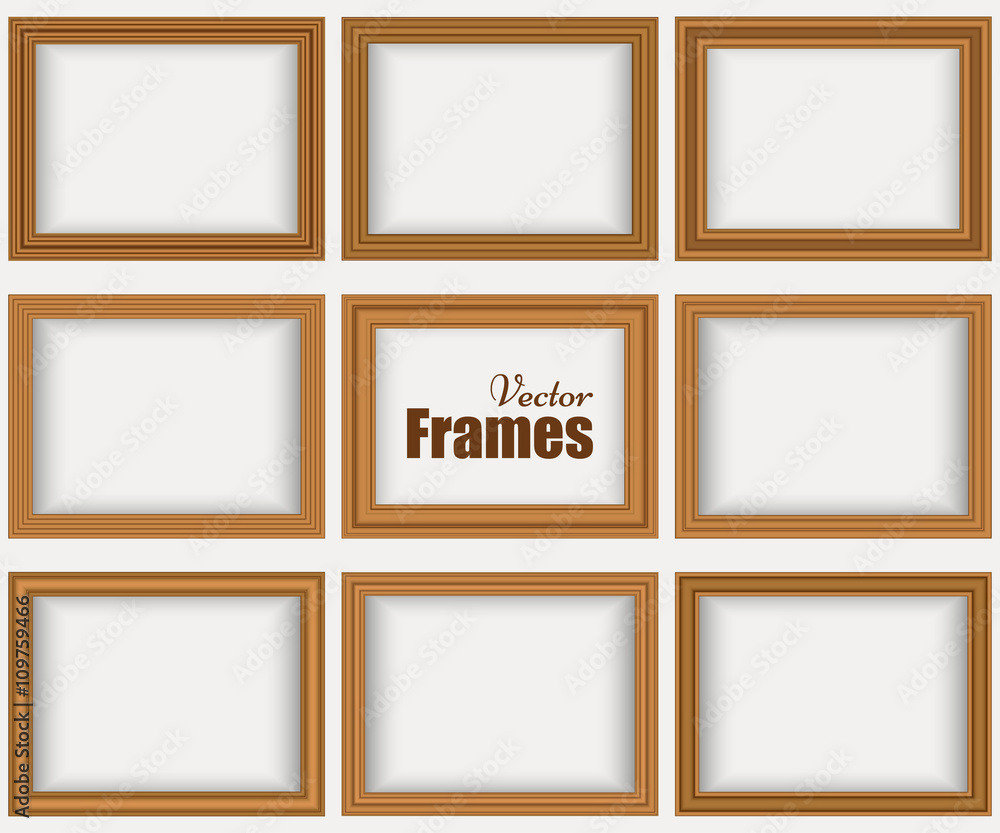 Set of wooden realistic frames with shadow isolated on the white wall. Vector illustration Set of wooden realistic frames with shadow isolated on the white wall. Vector illustration