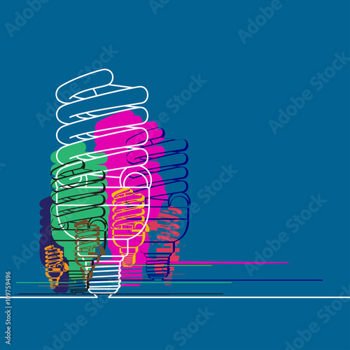 Conceptual blue background with multicolor light lamps. Vector illustration. 