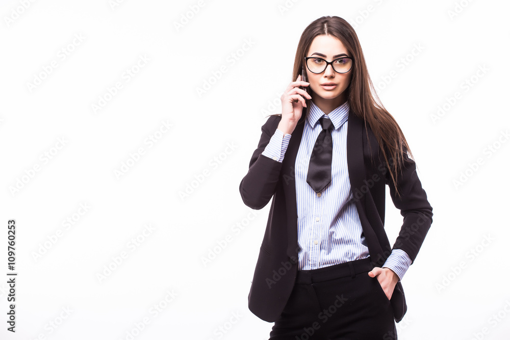 Fototapeta premium happy confident businesswoman talking on the mobile cell phone isolated on white