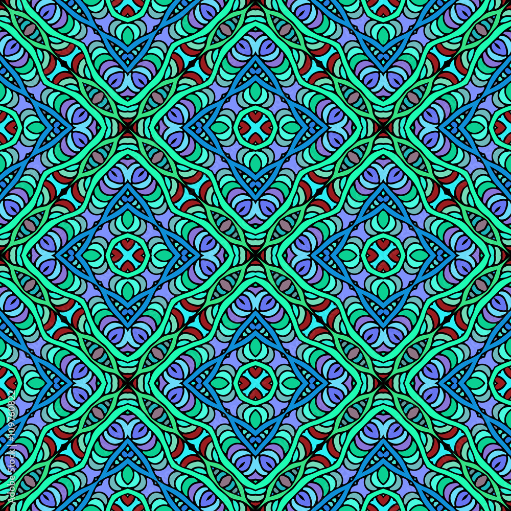 Fototapeta premium Seamless hand drawn vector ethnic texture. Vintage tribal ethnic backdrop, seamless texture. Boho fashion style background. Hand drawn vector illustration made of simple doodles. Zen tangle pattern.