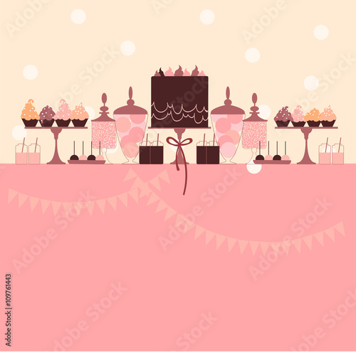 Candy buffet with cake. Wedding dessert bar. Birthday sweet table. Vector illustration.