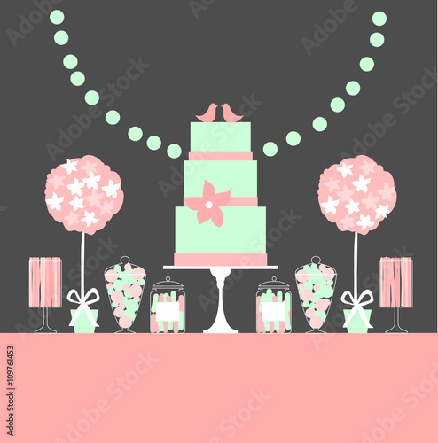 Wedding dessert bar with cake and flowers. Sweet table. Candy Buffet.  Vector illustration.