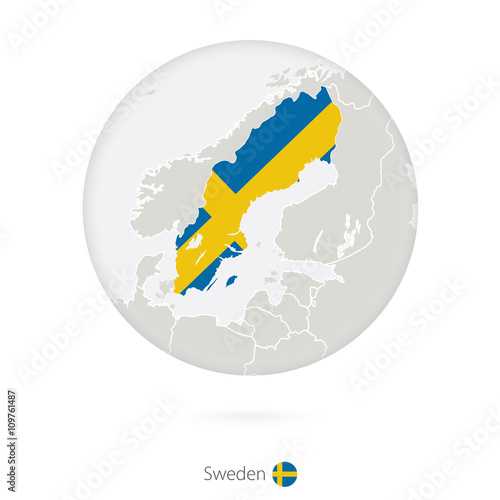 Map of Sweden and national flag in a circle.