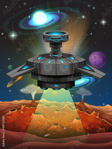 Spaceship flying in the dark space