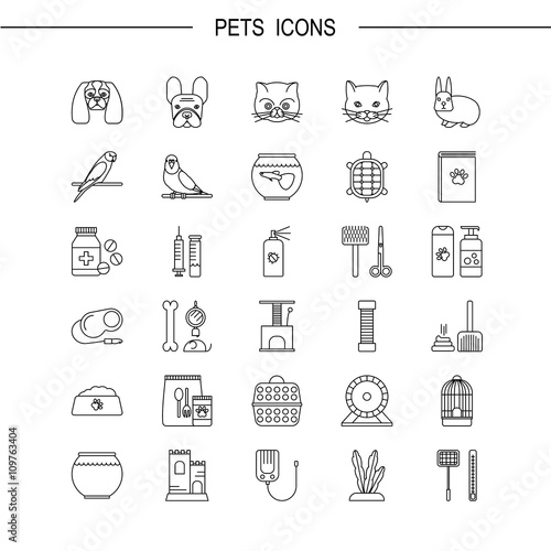 Pets shop icons. Thin lines icon style.  It can be used as logo, pictogram, icon, infographic element. Vector Illustration.