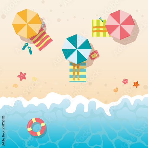 People sunbathing on the beach under the umbrellas. Summer holidays background. Vector beach with waves, seashells , starfish, umbrellas.