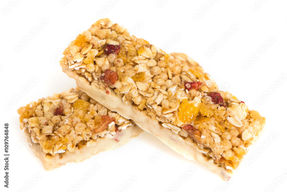 muesli bars with dried fruit on isolated background muesli bars with dried fruit on isolated background