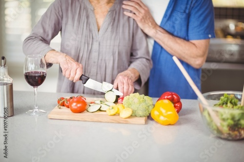 Midsection of senior man standing with woman cutting salad