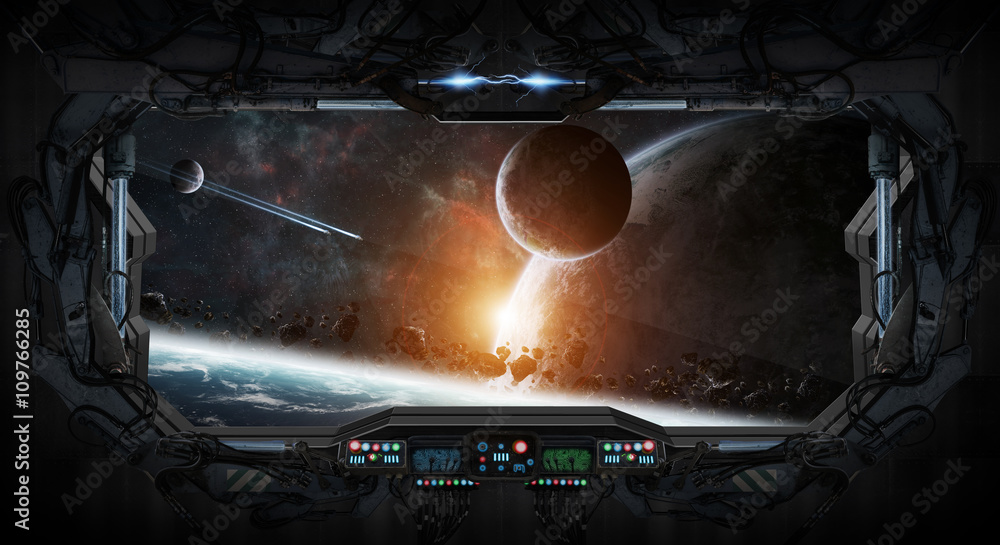 Naklejka premium Window view of space and planets from a space station