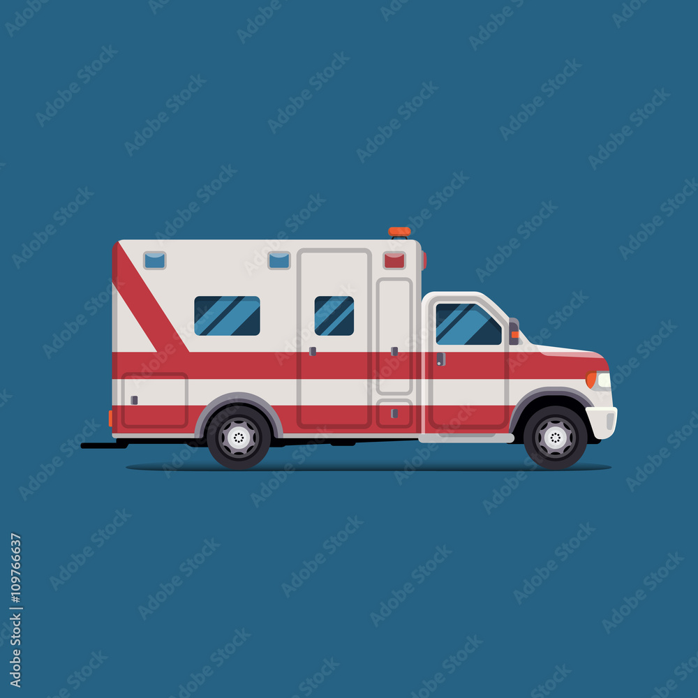 Ambulance emergency paramedic car. Vector modern creative flat design. First aid transportation. Isolate on white background.