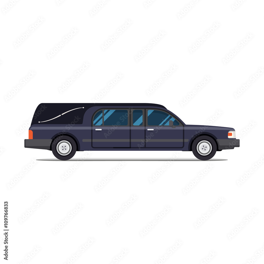 Hearse black car. Flat style icon. Isolated illustration. Coffin Transport Limousine.