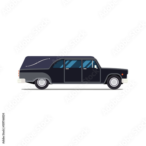Hearse black car. Flat style icon. Isolated illustration. Coffin Transport Limousine.