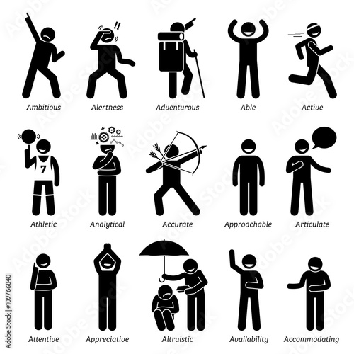 Positive Good Personalities Character Traits. Stick Figures Man Icons. Starting with the Alphabet A.