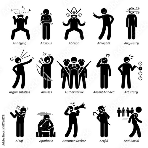 Negative Bad Personalities Character Traits. Stick Figures Man Icons. Starting with the Alphabet A.