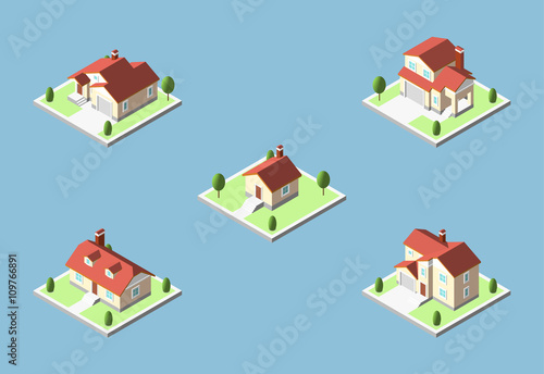 Three-dimensional isometric village buildings, Real estate icon