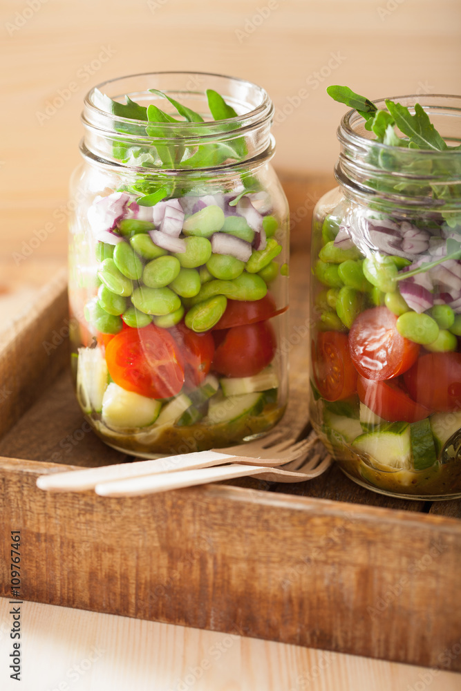 healthy vegetable salad in mason jar: tomato, cucumber, soybean, healthy vegetable salad in mason jar: tomato, cucumber, soybean,