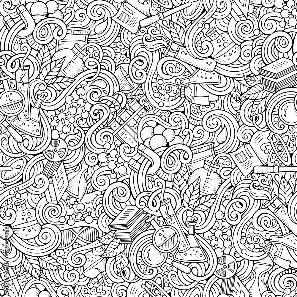 Cartoon hand-drawn science doodles seamless pattern