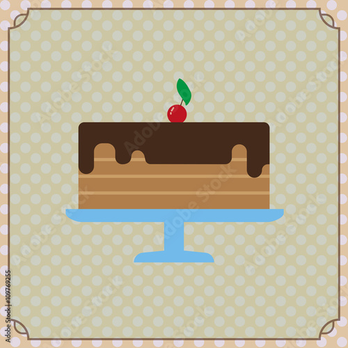 Candy card with a big chocolate cream cake, a red cherry with green leaf on top, frames and yellow dots. Digital vector image.