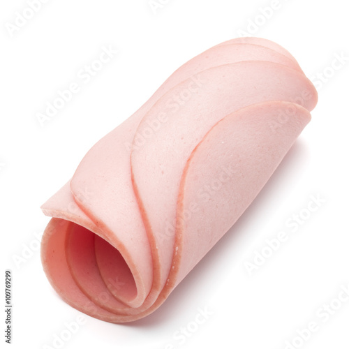 cooked boiled ham sausage or rolled bologna slices isolated on w