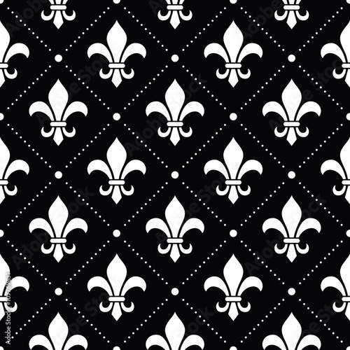 French Damask background - Fleur de lis white pattern on black
