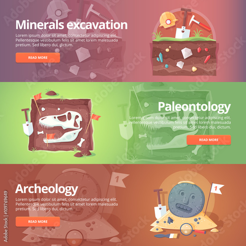 Science of life. Minerals excavation. Paleontology. Historical archeology. Ancient fossils. Species origin. Dinosaur age. Geology. Education and science banners set. Vector design concept.