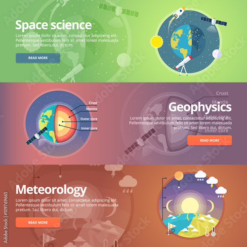 Science of Earth. Exploration of space. Geophysics. Meteorology. Atmospheric phenomena. Natural science. Education and science banners set. Vector design concept.
