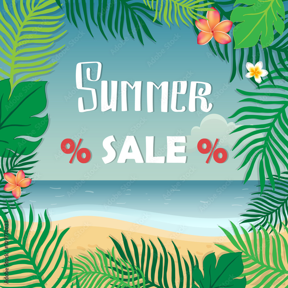 Summer Sale. Summer banner, hand lettering inscription on the background of tropical plants and sea.