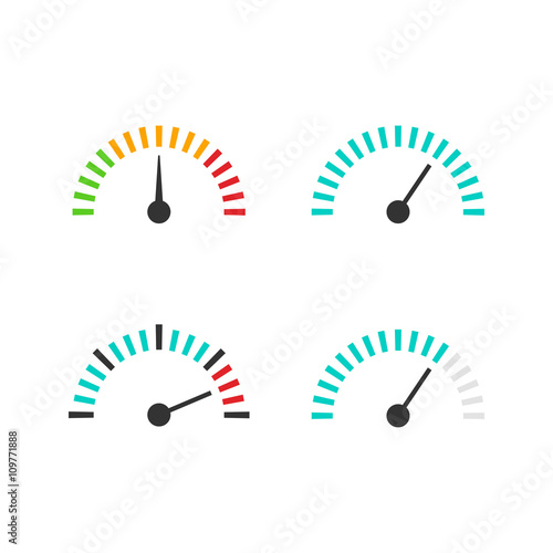 Speedometer icon set vector illustration, speed control measure element with scale, pressure indicator, abstract measurement tool symbol design isolated on white background