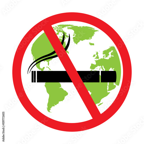 No smoking sign with green globe wold map background on white bakground.