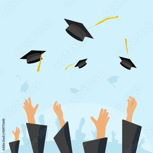 Graduating students cap vector of pupil hands in gown throwing graduation hat in the air, flying academic, throw mortar boards in the sky flat cartoon illustration design isolated on blue background