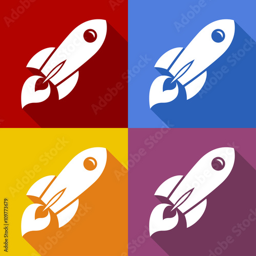 Icono plano cohete espacial con sombra en varios colores