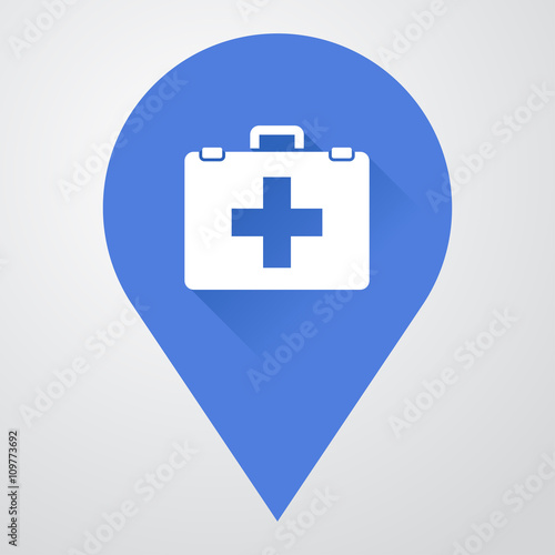 Icono plano localizacion con botiquin con sombra