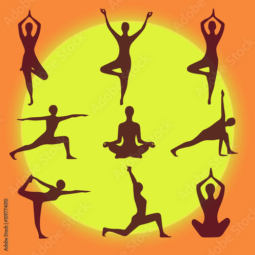 Yoga Positions. Silhouettes icons set. Vector illustration 