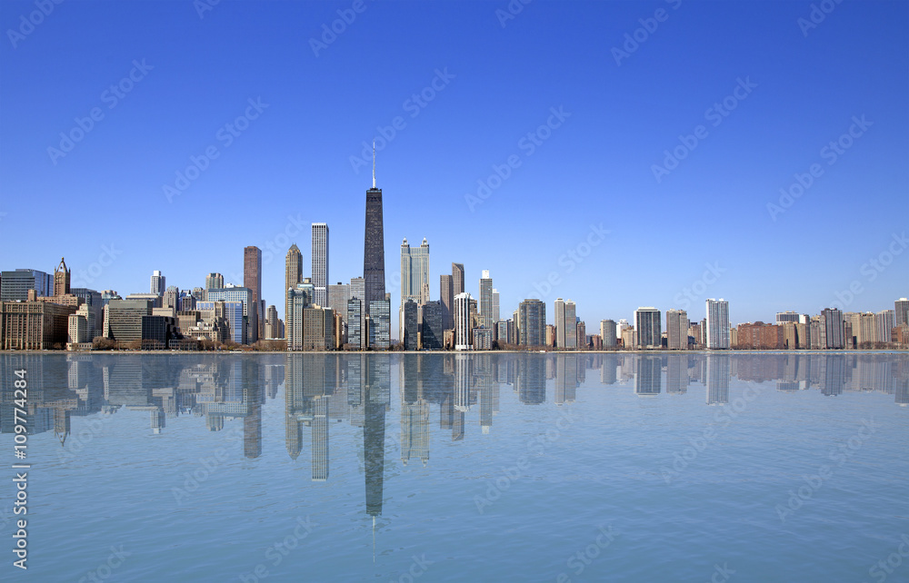 View of Chicago with reflection on the water