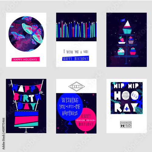 Set of creative congratulations cards. Hand Drawn textures. Wedding, anniversary, birthday, party. Design for banner, poster, card, invitation, brochure, flyer. Vector template.