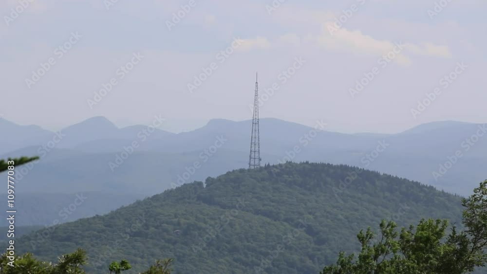 Shot of Blue Ridge Mountains from overlook, with communications antenna in shot. Shot of Blue Ridge Mountains from overlook, with communications antenna in shot.